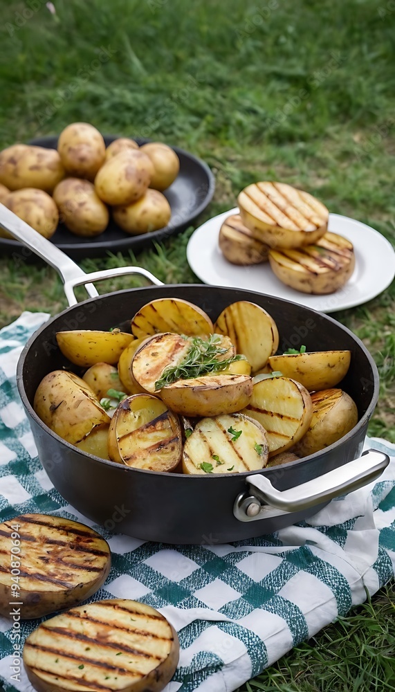 Delicious barbecue grilled potatoes with some garnish Delicious barbecue grilled potatoes with some garnish