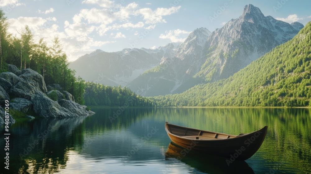 Idyllic landscape of a boat on a tranquil lake, embraced by green forests and rugged mountain peaks, no people included Idyllic landscape of a boat on a tranquil lake, embraced by green forests and rugged mountain peaks, no people included