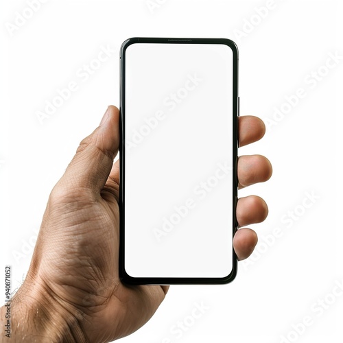 A man hand holding a smartphone with a white screen isolated on a white background. The hand holds the phone in a portrait position with blank space for mock up design