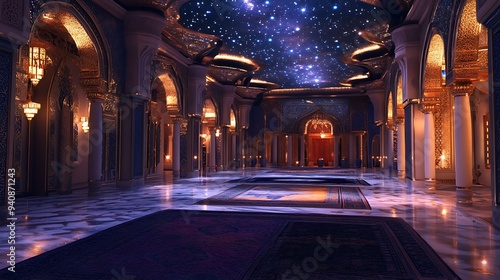 Mystical Royal Palace Interior with Flying Carpets and Starry Night Ceilings