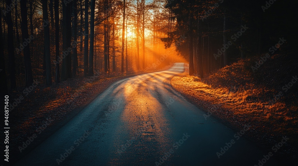 Paved road in the forest, glowing under the sunset's light, with trees casting long shadows, no people visible Paved road in the forest, glowing under the sunset's light, with trees casting long shadows, no people visible