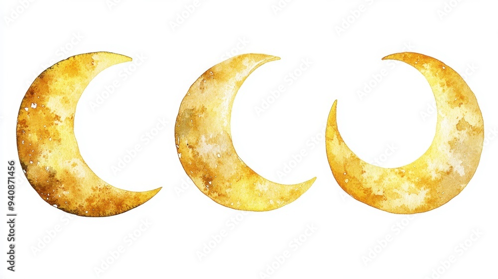 Watercolor Crescent Moon Phases in Different Styles,This image is an image of the changing process of the moon,Moon phases banner,Symbol of Earth natural cycle,Astronomy and astrology, planets. Watercolor Crescent Moon Phases in Different Styles,This image is an image of the changing process of the moon,Moon phases banner,Symbol of Earth natural cycle,Astronomy and astrology, planets.