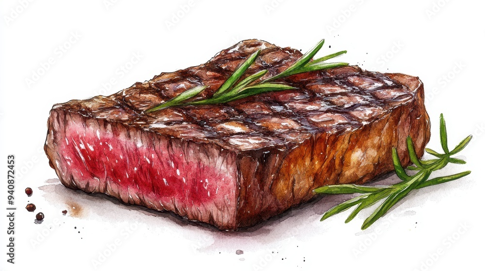 Watercolor of Delicious Grilled Beef Steak and red wine glass,Detailed Hand Drawn,Vector illustration,Freshly medium rare grilled beef steak, fried meat, close-up, isolated on white background. Watercolor of Delicious Grilled Beef Steak and red wine glass,Detailed Hand Drawn,Vector illustration,Freshly medium rare grilled beef steak, fried meat, close-up, isolated on white background.