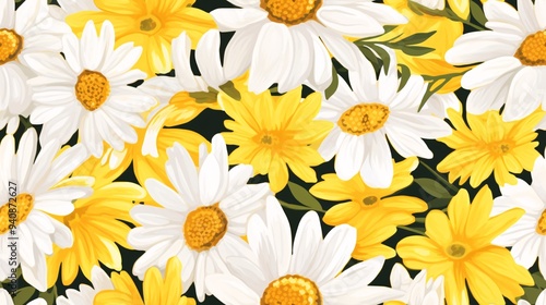 A luxurious, vintage-inspired design featuring intricately painted chamomile flowers with contrasting white petals and deep yellow centers, complemented by lush green leaves, creating a seamless,