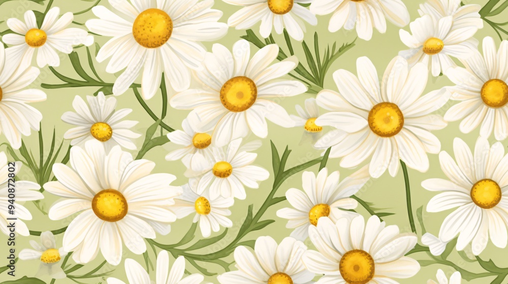 Fototapeta premium Hand-painted chamomile flowers in a vintage style, showcasing detailed yellow and white blossoms with complementary green leaves, arranged in a continuous, flowing pattern for a timeless and
