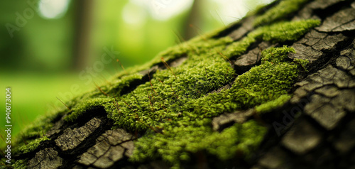 A macro shot of moss-covered tree bark, showing the tiny details of the moss and the rough surface beneath photo