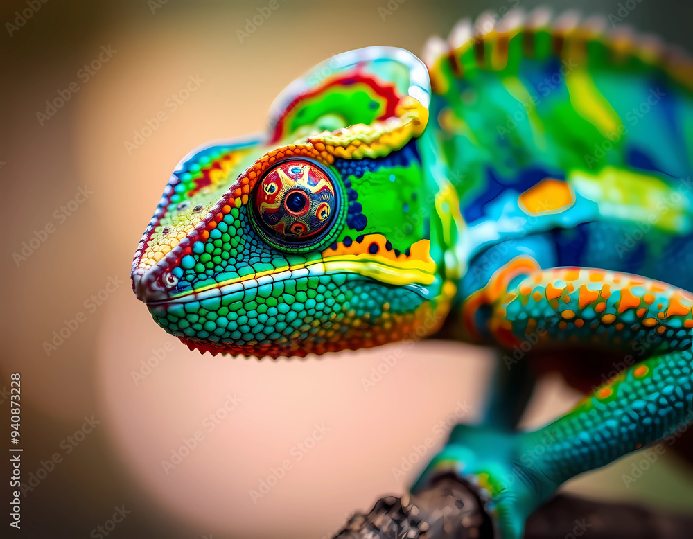 The image features a close-up view of a colorful chameleon perched on a branch. The image features a close-up view of a colorful chameleon perched on a branch.