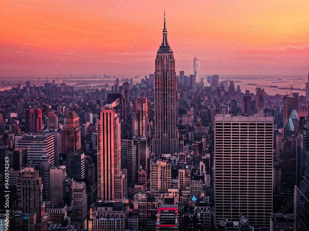 Naklejka premium Vibrant city Skyline at Noon with Orange and Pink Sky Background. 