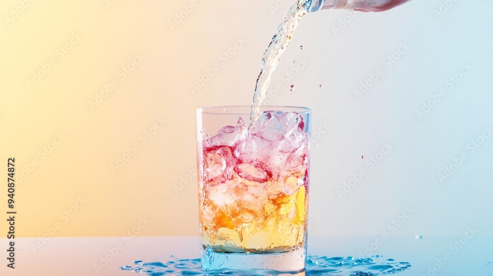 A professional bartender skillfully pouring a colorful cocktail into a glass with ice, set against a light solid color background A professional bartender skillfully pouring a colorful cocktail into a glass with ice, set against a light solid color background