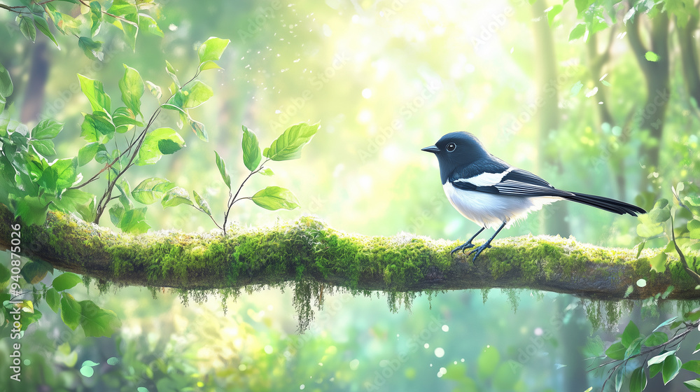 Obraz premium Beautiful black and white Magpie Robin amidst the fascinating nature.