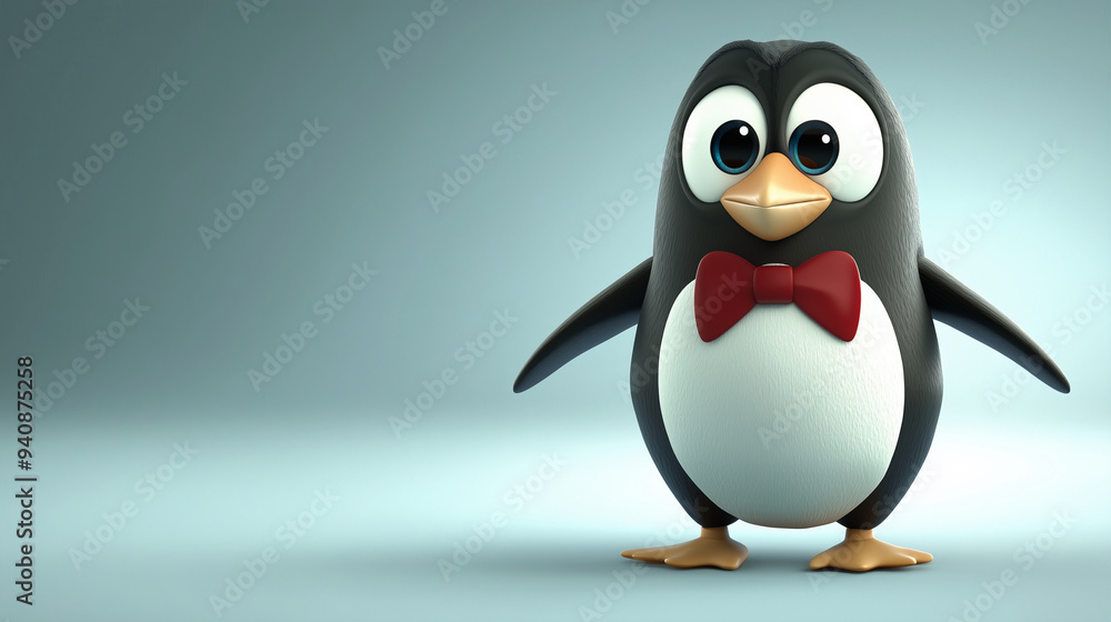 Fototapeta premium A cute cartoon penguin: Small, round black and white body, wearing a red bowtie, large gleaming eyes, cartoon style with a cool blue gradient background..