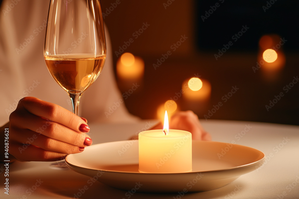A serene evening with a candlelit table, showcasing a glass of wine and a glowing candle for a romantic atmosphere.