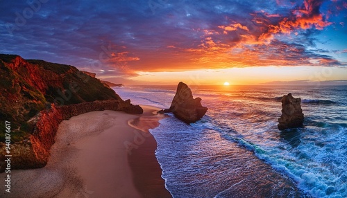 Fotografía A beach late evening orange and red clouds rock arch formations backgrond