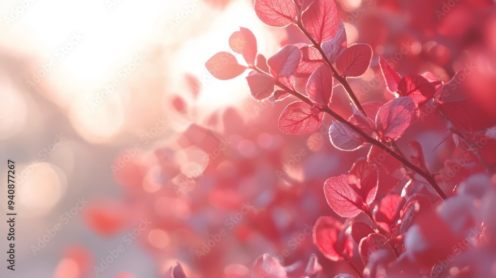 Fototapeta premium A branch of a tree with red leaves in sharp focus, background softly blurred