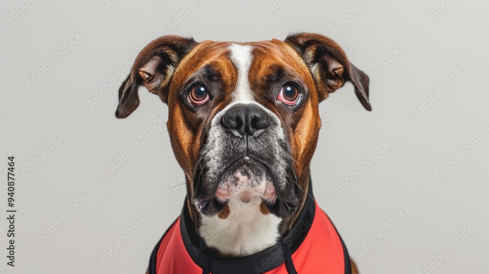 A close-up portrait of a boxer dog, showcasing its expressive face and unique markings against a neutral background. A close-up portrait of a boxer dog, showcasing its expressive face and unique markings against a neutral background.