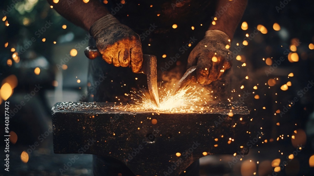 A close-up of a blacksmith's hands shaping a glowing piece of metal on an anvil, showcasing intricate details of tools and sparks flying A close-up of a blacksmith's hands shaping a glowing piece of metal on an anvil, showcasing intricate details of tools and sparks flying