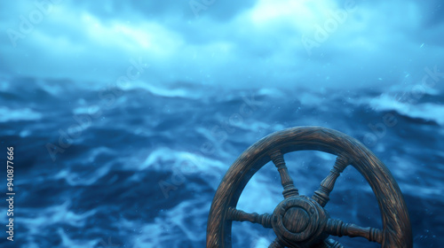 An atmospheric view of a ship's wheel against tumultuous ocean waves under a moody sky, capturing the essence of maritime adventure.