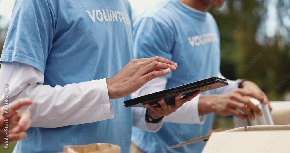 Hands, tablet and outdoor for charity in volunteer group, package and scroll with donation in community. People, boxes and digital touchscreen in park, app and solidarity for social responsibility Hands, tablet and outdoor for charity in volunteer group, package and scroll with donation in community. People, boxes and digital touchscreen in park, app and solidarity for social responsibility