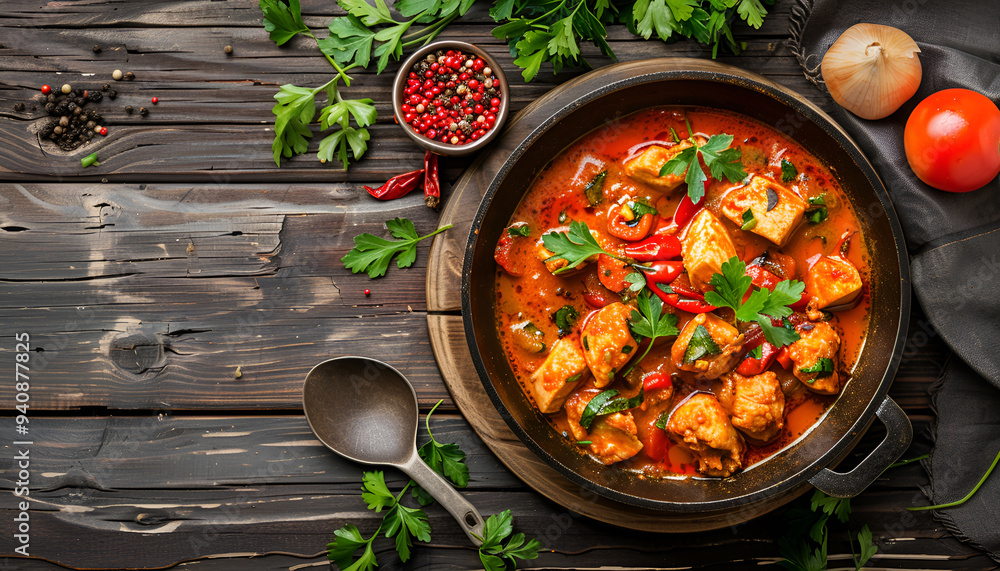 Delicious chicken curry in pan on wooden table, top view Delicious chicken curry in pan on wooden table, top view