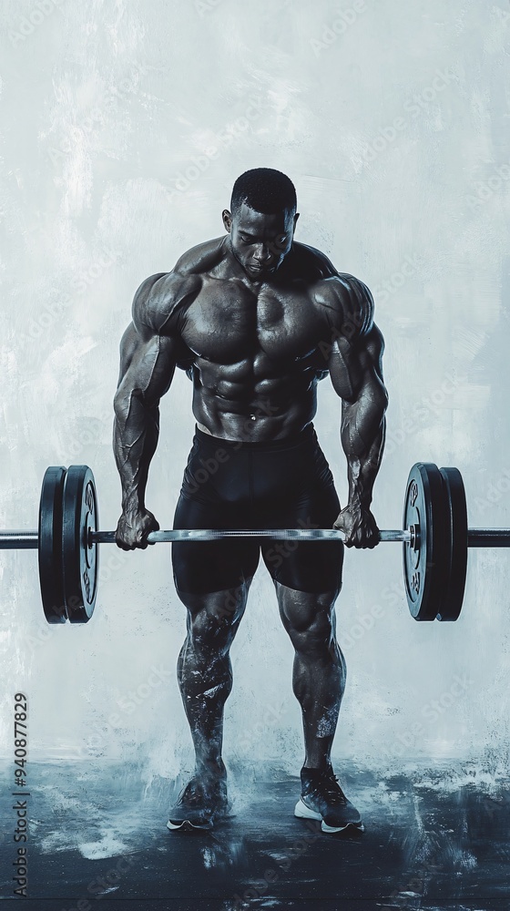 A bodybuilder performing a deadlift, focusing on the intense concentration and physical effort, with a minimalistic light solid color background A bodybuilder performing a deadlift, focusing on the intense concentration and physical effort, with a minimalistic light solid color background