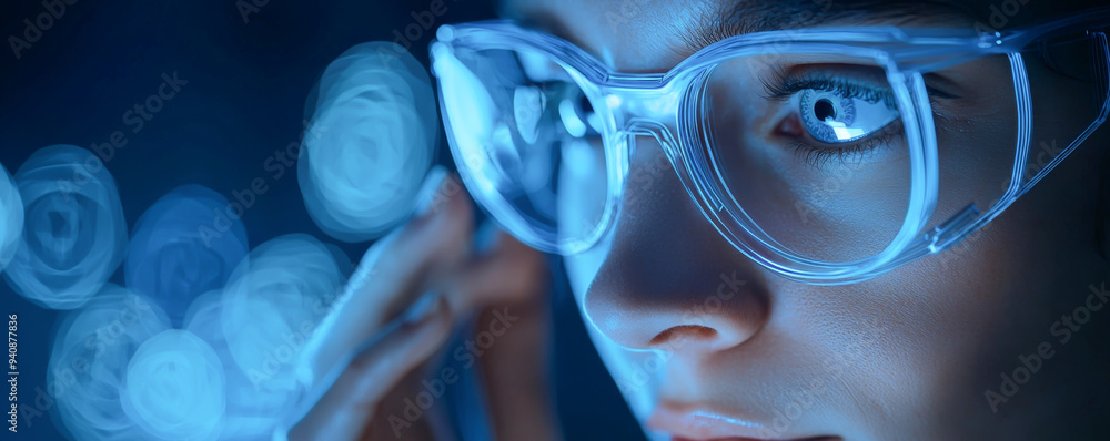 Close-up of a person wearing glasses, focused and engaged, set against a dreamy blue background with soft bokeh lights. Close-up of a person wearing glasses, focused and engaged, set against a dreamy blue background with soft bokeh lights.