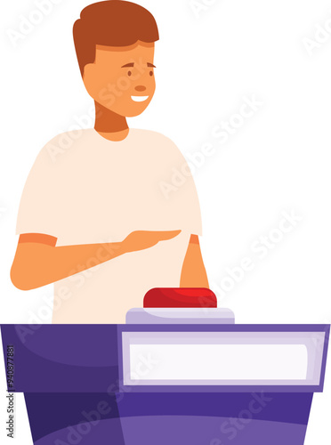 Young man is participating in a quiz show, pushing a red button to answer a question