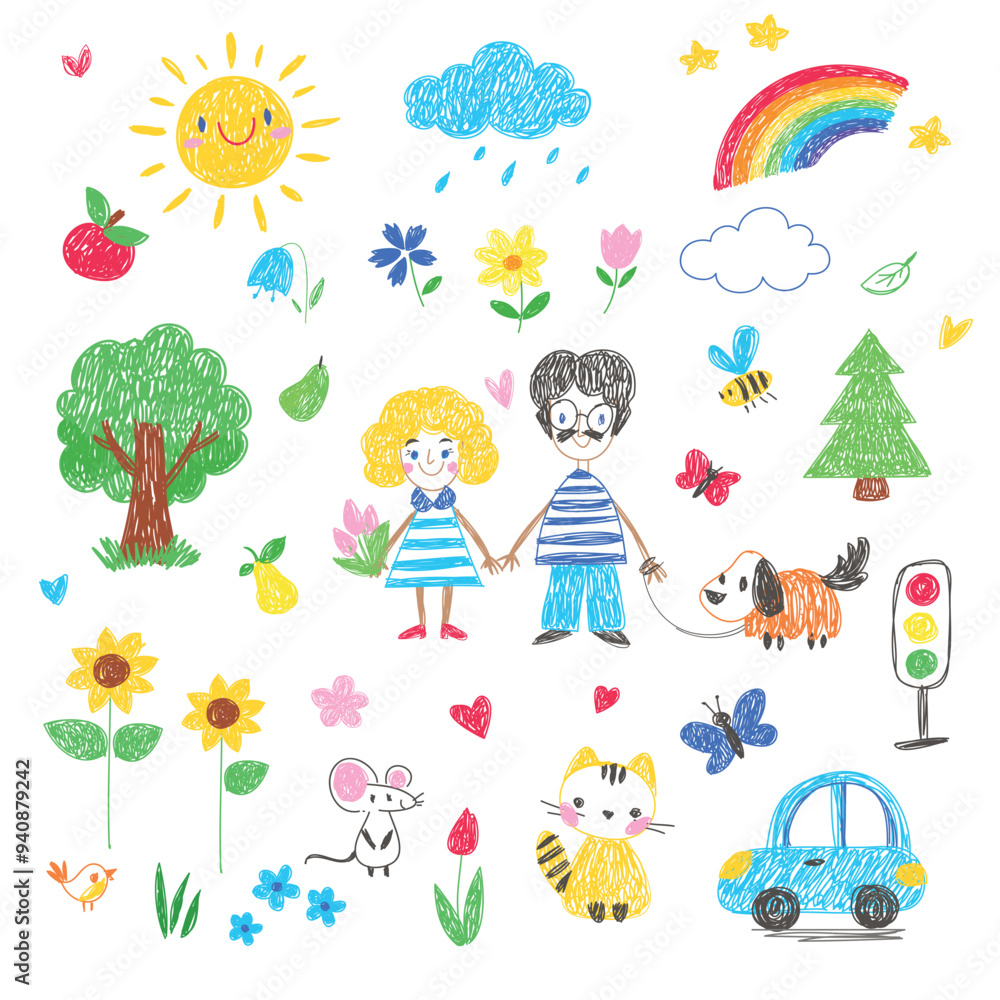 Kids Doodle Simple Hand Drawn Element Vector Set