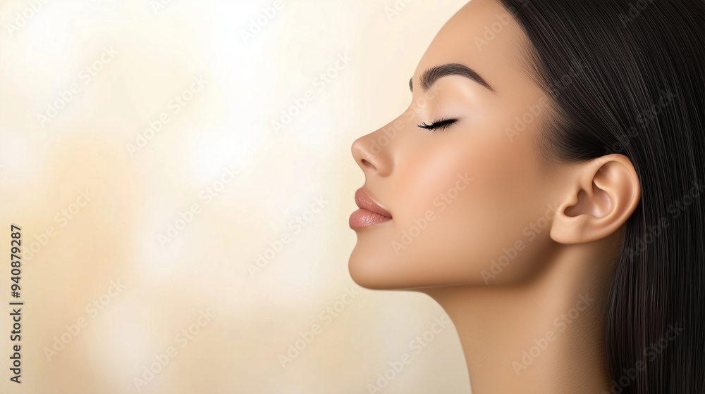 A beautiful profile of a woman with closed eyes and long, straight hair A beautiful profile of a woman with closed eyes and long, straight hair