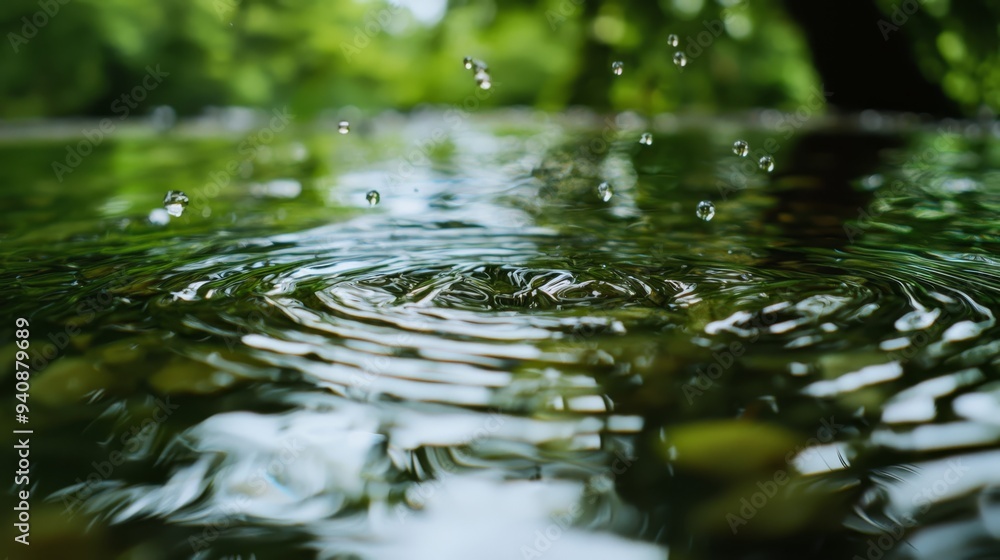 A detailed shot of a water surface, adorned with droplets, and a tree silhouetted in the backdrop A detailed shot of a water surface, adorned with droplets, and a tree silhouetted in the backdrop