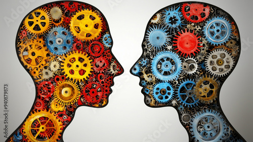 Two heads made of gears and cogs facing each other, symbolizing the concept of communication between two people with different mindsets. photo