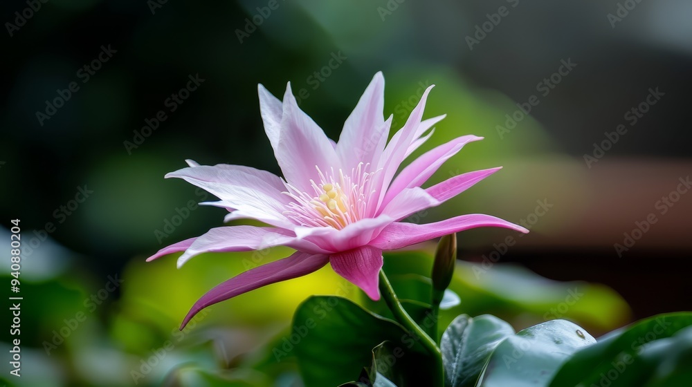 Fototapeta premium A tight shot of a pink bloom against green foliage, background softly blurred