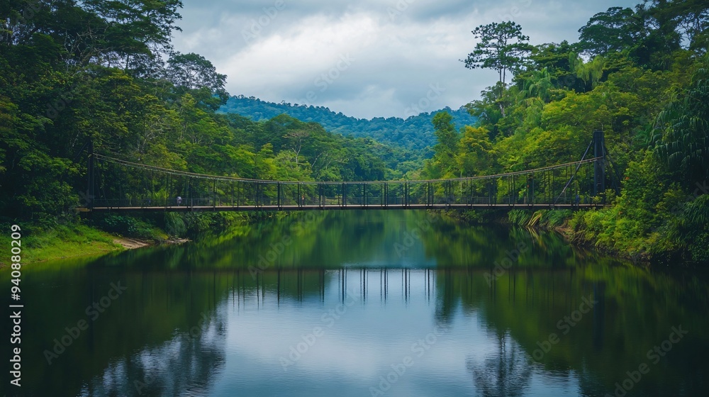 A modern suspension bridge spanning a serene river with reflections on the water, surrounded by lush greenery A modern suspension bridge spanning a serene river with reflections on the water, surrounded by lush greenery