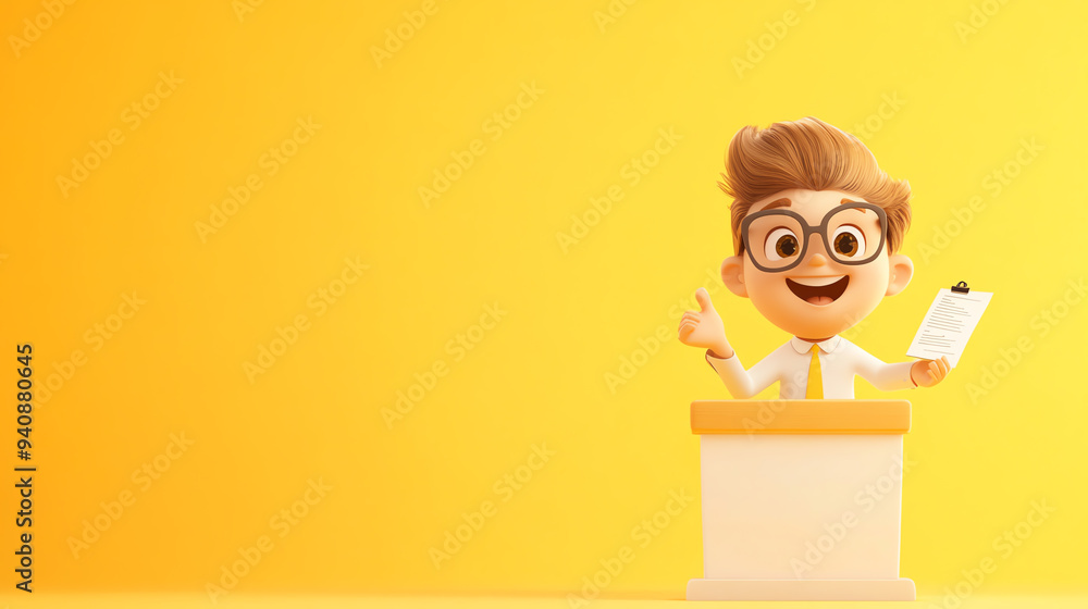 A cheerful cartoon boy giving a presentation with a clipboard on a bright yellow background. A cheerful cartoon boy giving a presentation with a clipboard on a bright yellow background.