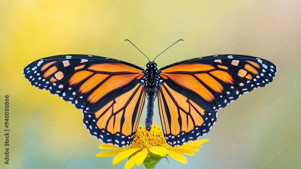 A close-up of a vibrant monarch butterfly resting on a soft yellow flower, showcasing intricate wing patterns against a light solid color background A close-up of a vibrant monarch butterfly resting on a soft yellow flower, showcasing intricate wing patterns against a light solid color background