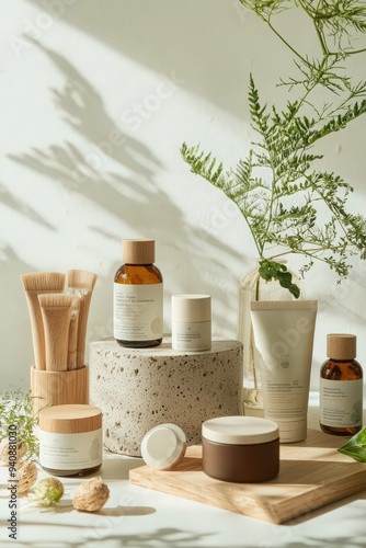 Aesthetic arrangement of natural skincare products with greenery, showcasing eco-friendly beauty essentials in a minimalistic setting.