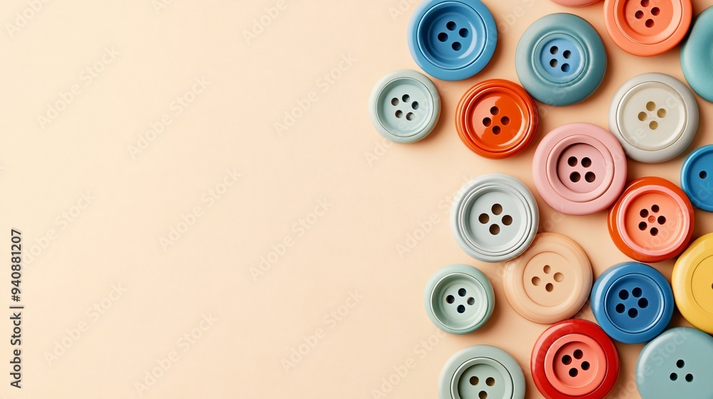 A collection of colorful buttons arranged on a light solid color background, with ample copy space for text overlay A collection of colorful buttons arranged on a light solid color background, with ample copy space for text overlay