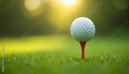 A close-up shot of a golf ball perched on a tee, set against a beautifully blurred green bokeh background, capturing the serene essence of the golf course, golf ball in ground, golf ball on grace 