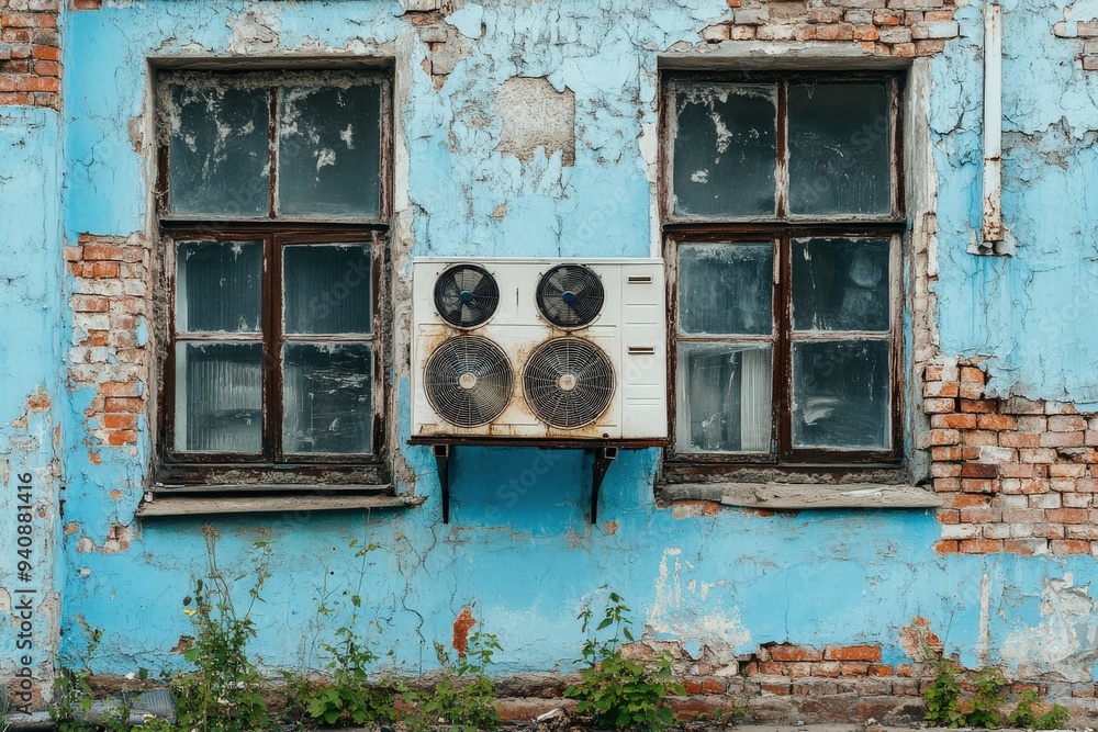 A single air conditioning unit is mounted between two windows on an old, damaged blue wall, emphasizing the contrast between technology and decay in an urban setting. A single air conditioning unit is mounted between two windows on an old, damaged blue wall, emphasizing the contrast between technology and decay in an urban setting.