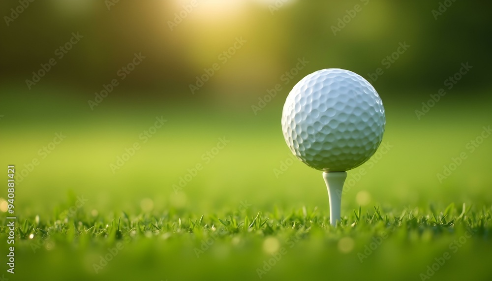 A close-up shot of a golf ball perched on a tee, set against a beautifully blurred green bokeh background, capturing the serene essence of the golf course, golf ball in ground, golf ball on grace A close-up shot of a golf ball perched on a tee, set against a beautifully blurred green bokeh background, capturing the serene essence of the golf course, golf ball in ground, golf ball on grace