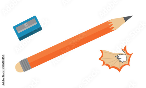 Pencil with sharpener and shavings on white background. Stationery, pencil shavings vector illustration