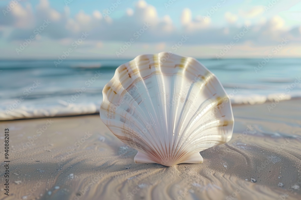 Three-dimensional Empty Seashell on Beautiful Beach Background Three-dimensional Empty Seashell on Beautiful Beach Background