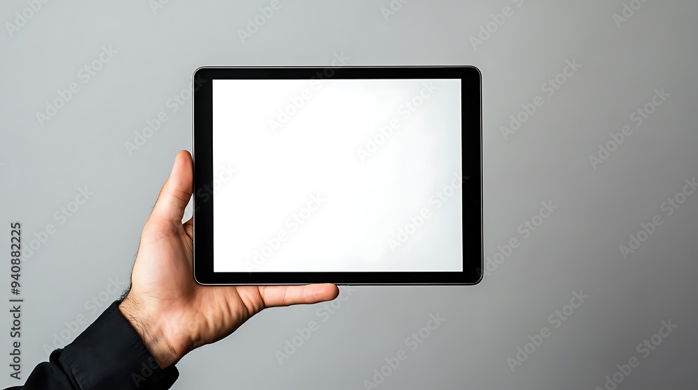 A hand holding a tablet with a blank white screen. A hand holding a tablet with a blank white screen.