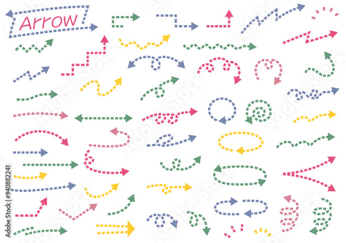 かわいい手描き風シンプル点線矢印　バリエーション　セット　カラフル