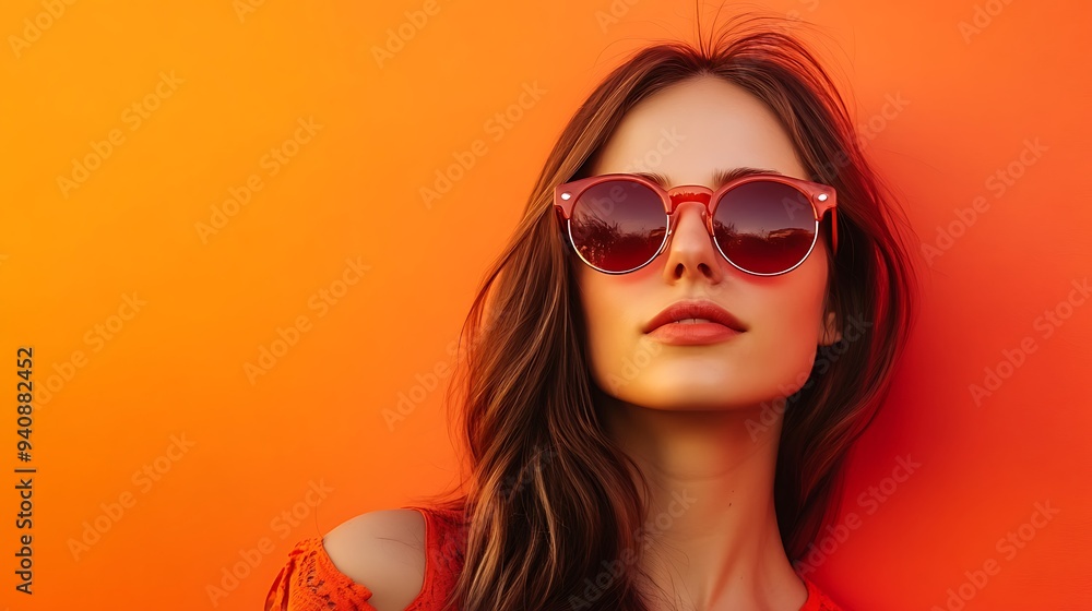 A young woman with long brown hair wearing red sunglasses looks off to the side against an orange background. A young woman with long brown hair wearing red sunglasses looks off to the side against an orange background.