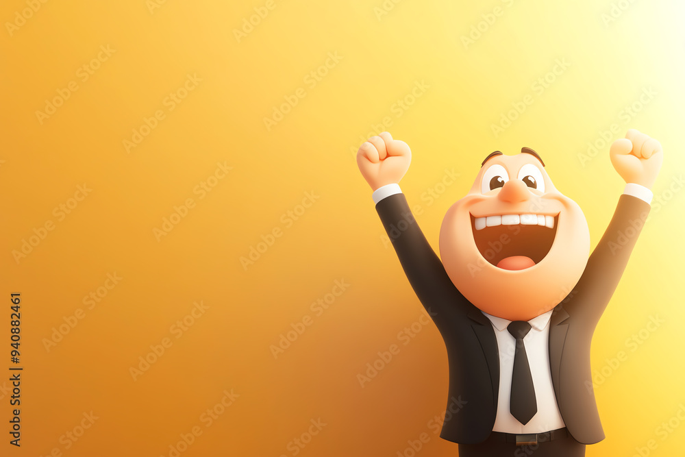 A cheerful cartoon character in a suit celebrates victory with raised arms against a bright orange background.