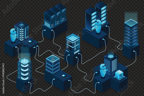 3d isometric concept big data center with server. Cloud computing. Network mainframe infrastructure. Isometric high technology concept