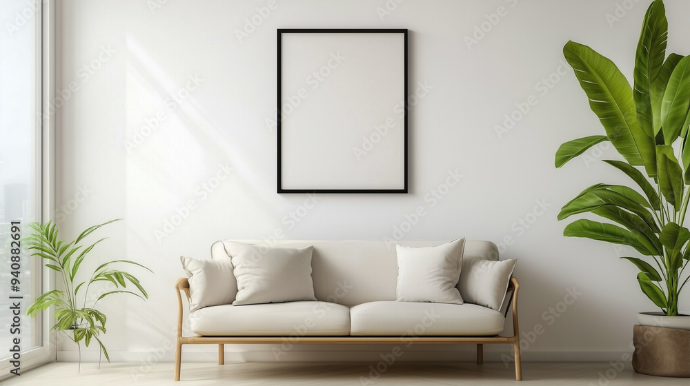 A minimalist living room with an empty black frame on the wall, a beige sofa, and potted plants. Perfect for poster mockup A minimalist living room with an empty black frame on the wall, a beige sofa, and potted plants. Perfect for poster mockup