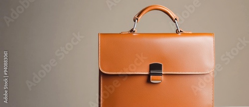 A sophisticated leather briefcase with its top slightly lifted, revealing the sleek, flawless interior and evoking the aroma of fresh leather craftsmanship photo