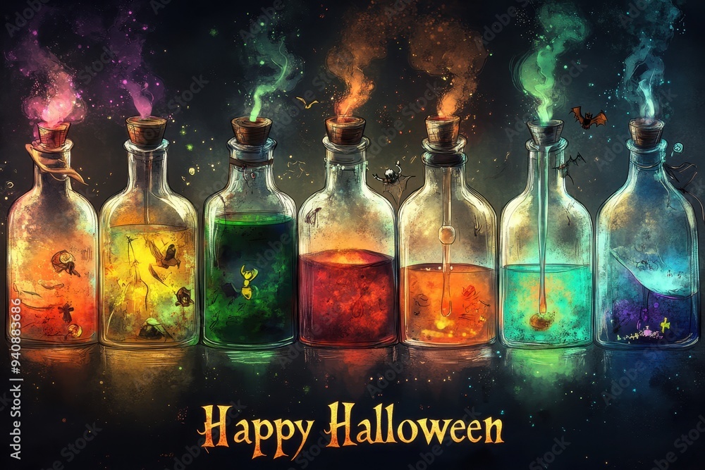 Potion Bottles Collage: Images of various potion bottles with colorful liquids. The text Potion Bottles Collage: Images of various potion bottles with colorful liquids. The text