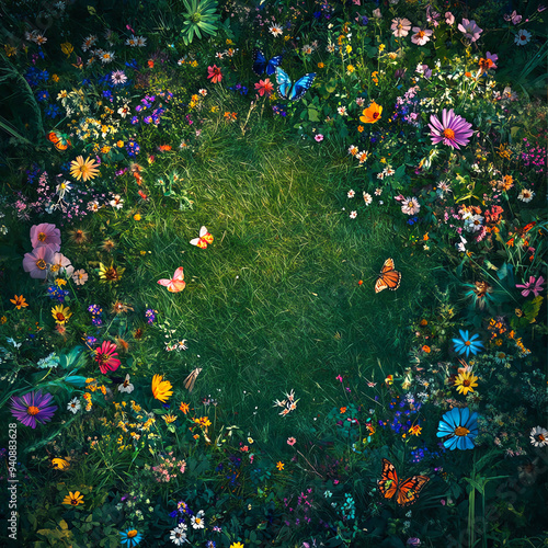 Fototapeta Naklejka Na Ścianę i Meble -  A top-down view of a meadow filled with wildflowers, bees, and butterflies, capturing the harmonious coexistence of different species in a biodiverse habitat